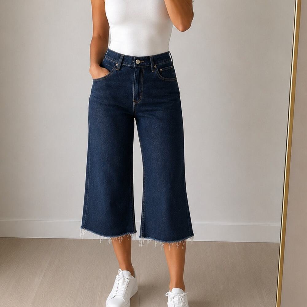 Nicole Miller🌿Atelier Sullivan Wide Leg Crop Jeans Women’s SZ 28 Raw Hem Denim
